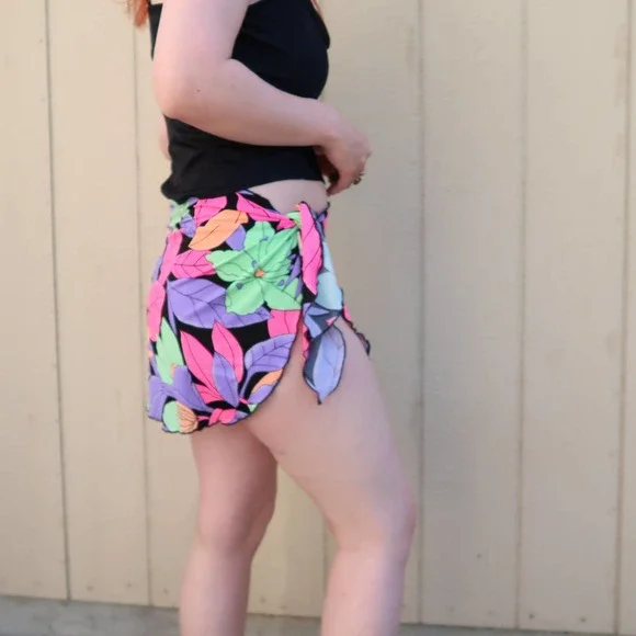 Vintage 90s bold neon floral sarong mini skirt M/L - Picture 3 of 4